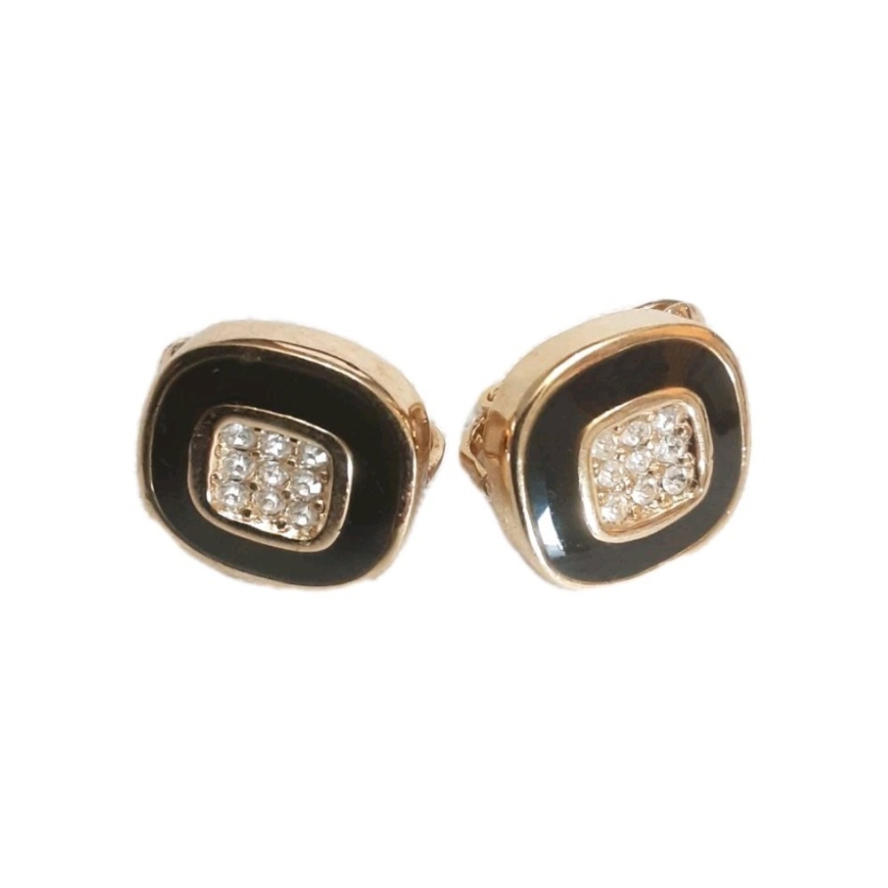 Christian Dior Earrings Clip On Gold Tone Black Enamel Germany Crystals